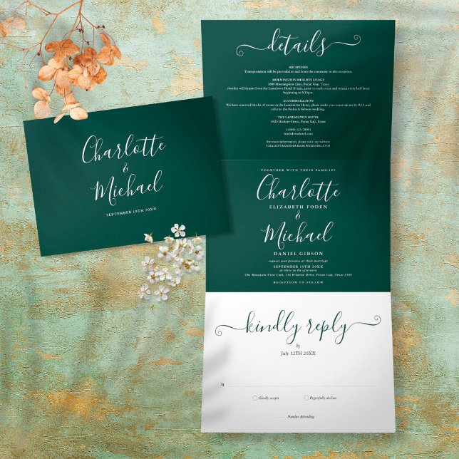 Emerald Modern Script Minimalistisch Foto Wedding Dreifach Gefaltete Einladung (Von Creator hochgeladen)