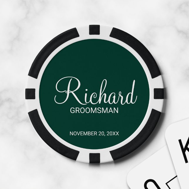Emerald Modern Script Personalisiert Trauzeuge Pokerchips (Von Creator hochgeladen)