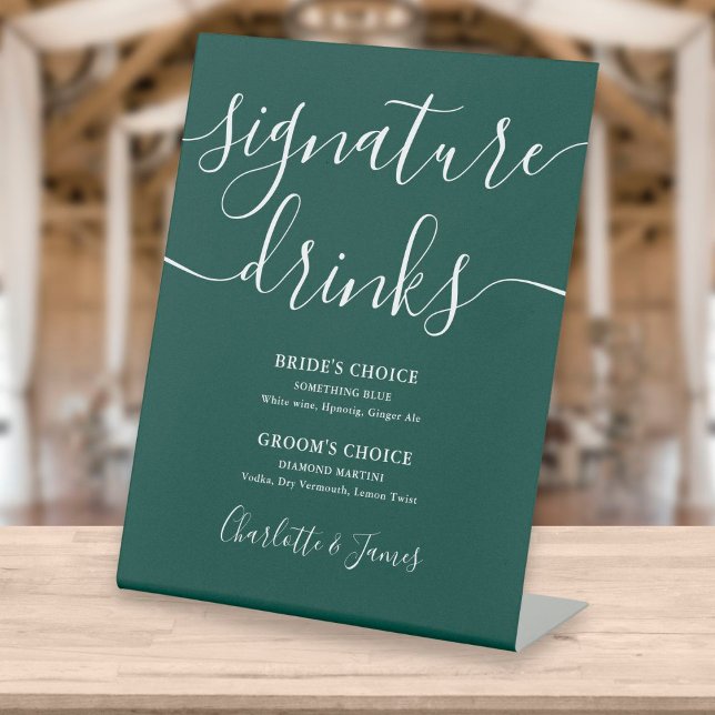 Emerald Modern Script Wedding Signature Drinks Sockelschild (Von Creator hochgeladen)