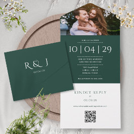 Emerald Monogram QR Code Foto Hochzeitdatum All In One Einladung