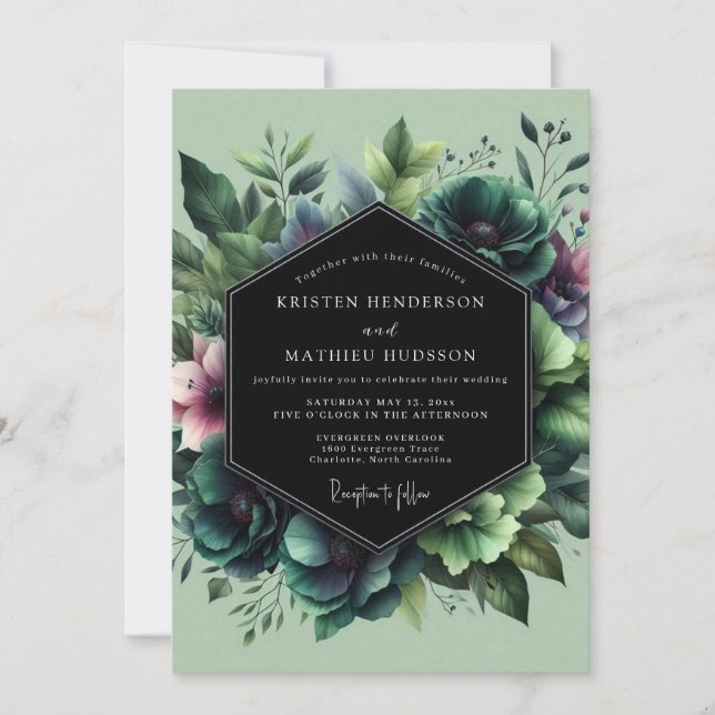 Emerald Moody Bloom Wedding Einladung (Vorderseite)