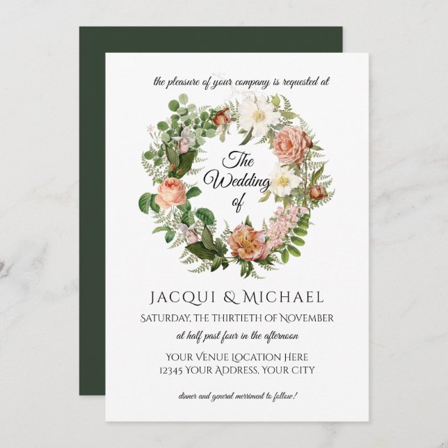 Emerald n Blush Ivory Rose w Fern Wreath Wedding Einladung (Vorne/Hinten)