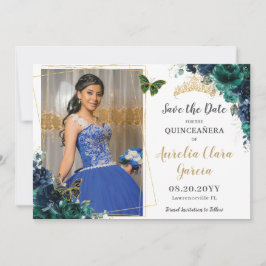 Emerald Navy Floral Quinceañera Pic Save the Date Einladung