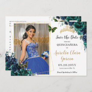 Emerald Navy Floral Quinceañera Pic Save the Date Einladung