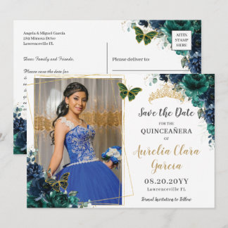 Emerald Navy Floral Quinceañera Pic Save the Date Einladung