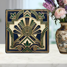 Emerald Navy Gold Art Deco Sun Rays Geometric  Fliese