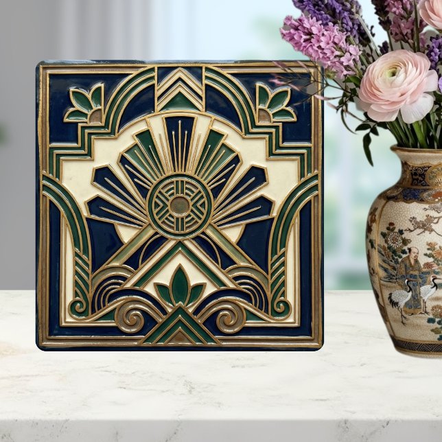 Emerald Navy Gold Art Deco Sun Rays Geometric  Fliese (Von Creator hochgeladen)