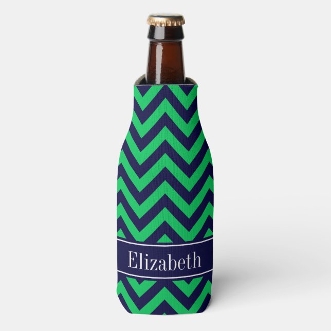 Emerald Navy LG Zickzack Navy Blue Name Monogram Flaschenkühler (Flaschenvorderseite)