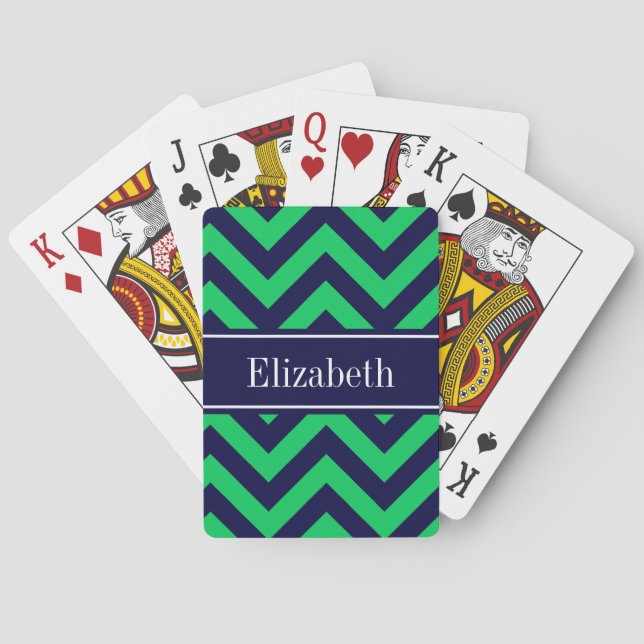 Emerald Navy LG Zickzack Navy Blue Name Monogram Spielkarten (Rückseite)