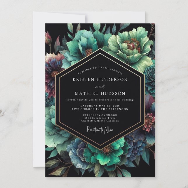 Emerald Noir Bloom Hochzeit Einladung (Vorderseite)