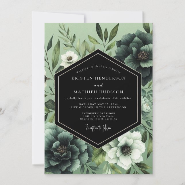 Emerald Noir Botanical Wedding Einladung (Vorderseite)