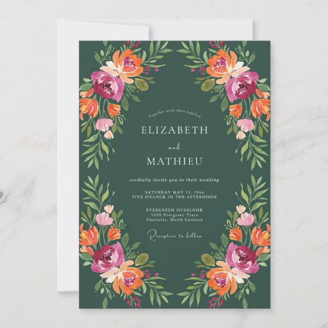 Emerald Orange Blütenhochzeit Einladung (Vorderseite)