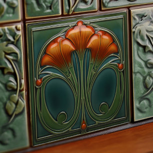 Emerald Orange Wall Deco Art Nouveau Ceram Fliese
