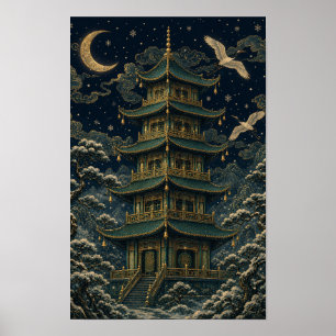 Emerald-Pagode Schneefall – Moody Chinoiserie Weih Poster