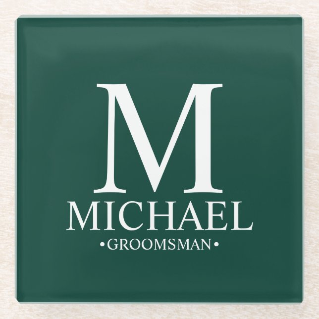 Emerald Personalisiert Monogram und Name Trauzeuge Glasuntersetzer (Vorderseite)