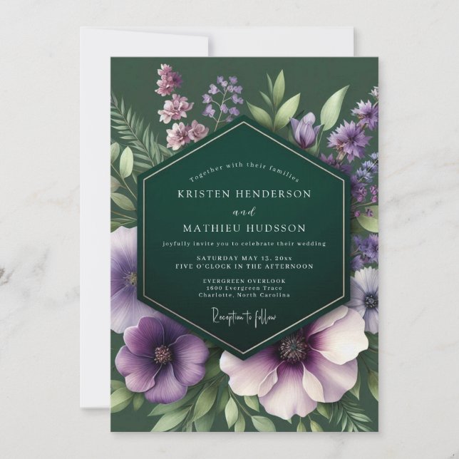 Emerald Plum Moody Flora Wedding Einladung (Vorderseite)