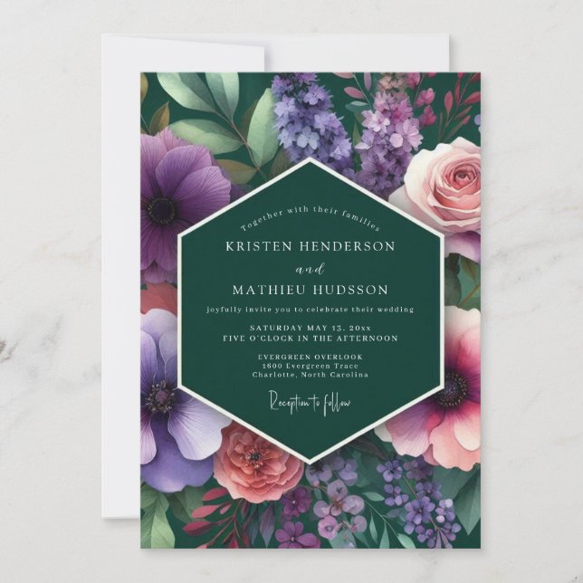 Emerald Plum Vivid Flora Wedding Einladung (Vorderseite)