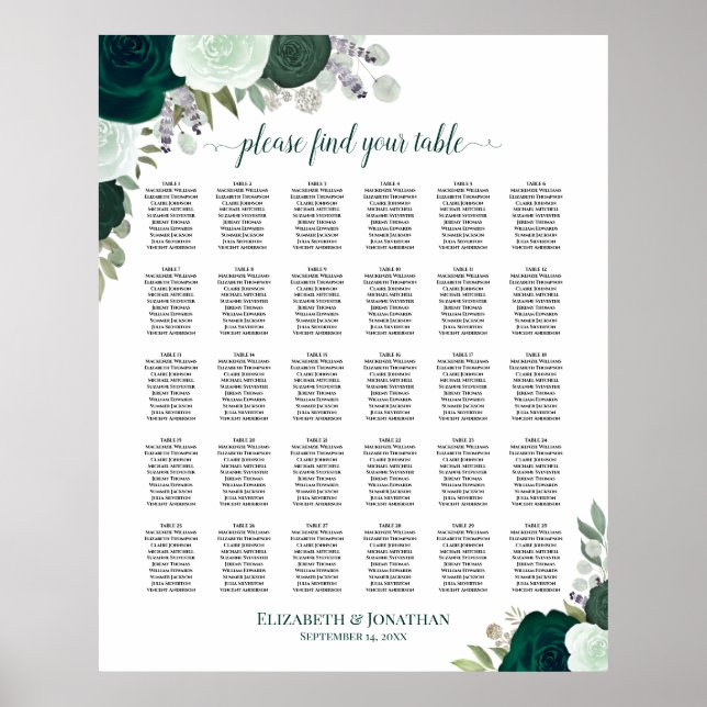 Emerald Rose Chic 30 Table Wedding Seating Chart Poster (Vorne)