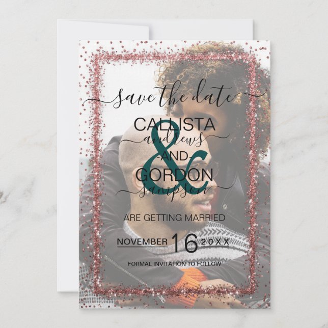 Emerald Rose Gold Confetti Foto Wedding Save The Date (Vorderseite)