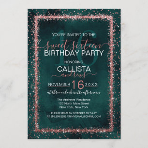 Emerald Rose Gold Sprinkled Confetti Sweet 16 Einladung