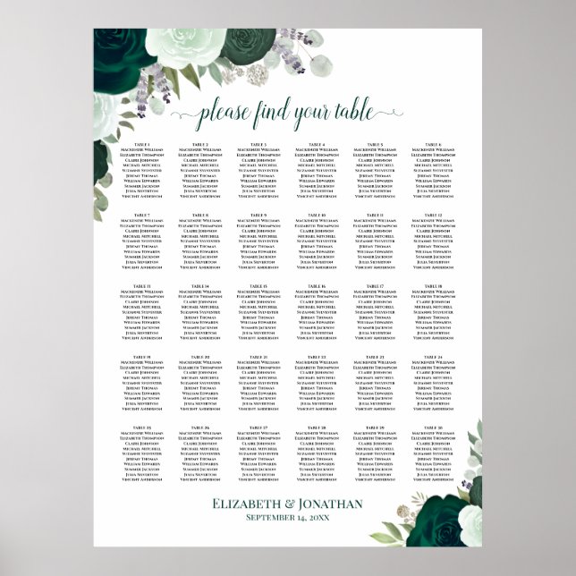 Emerald Rosen Chic 30 Tisch Hochzeits-Sitzplan Poster (Vorne)