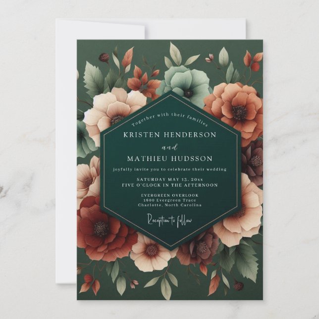 Emerald Russet Lush Flora Wedding Einladung (Vorderseite)
