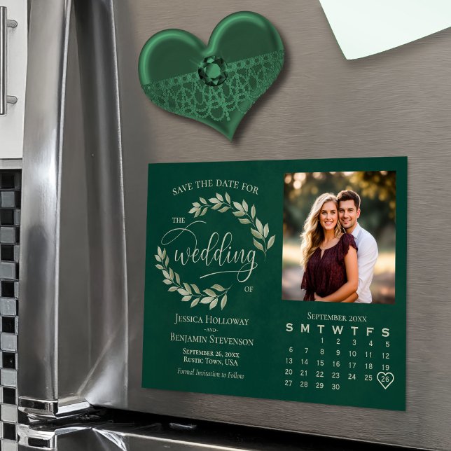 Emerald & Sage-Blätter Foto-Kalender Save the Date Magneteinladung (Magnetic for Easy Display!)