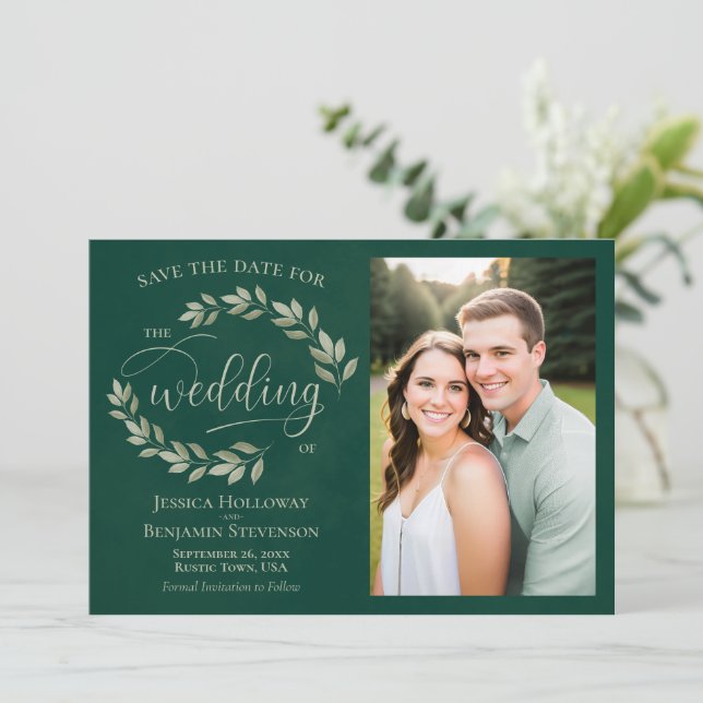 Emerald & Sage Green Blätter & Foto Rustikale Hoch Save The Date (Stehend Vorderseite)