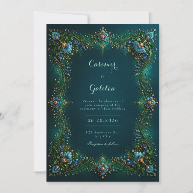 Emerald Sapphire Gilded Floral Wedding Einladung (Vorderseite)