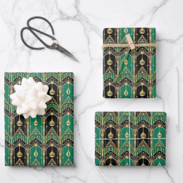 Emerald-schwarzes Art Deco-Festtagsmuster Geschenkpapier Set