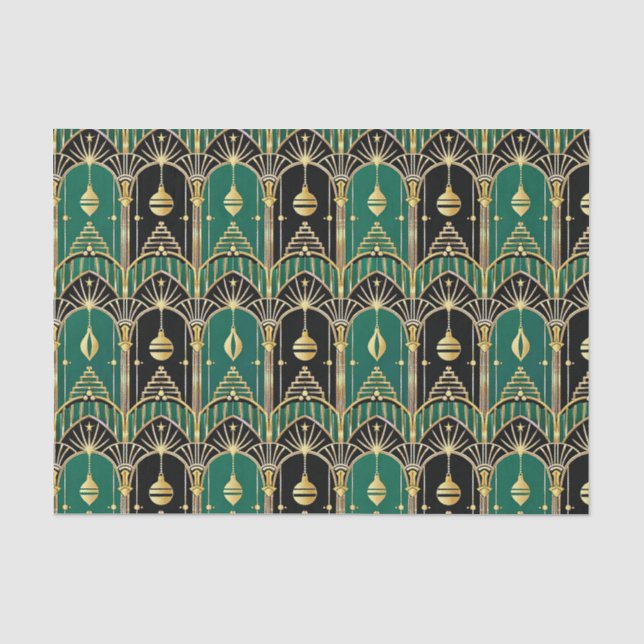 Emerald-schwarzes Art Deco-Festtagsmuster Seidenpapier (Vorderseite)