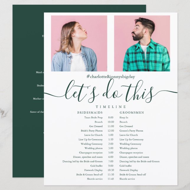 Emerald Script Foto Wedding Schedule Timeline (Vorne/Hinten)