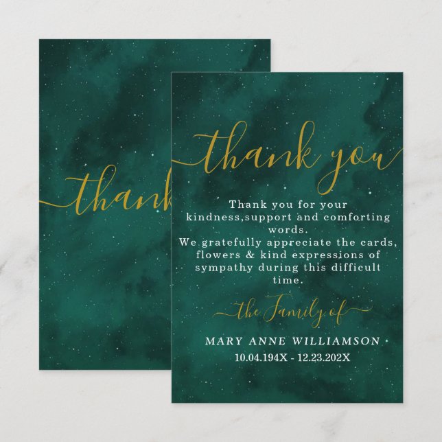 Emerald Script Minimal Beerdigung Danke Karte (Vorne/Hinten)