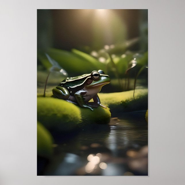 Emerald Serenity: Ein grüner Frosch am Fluss, Poster (Vorne)