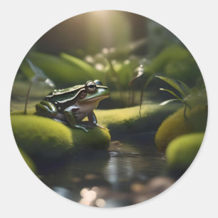Emerald Serenity: Ein grüner Frosch am Fluss, Runder Aufkleber