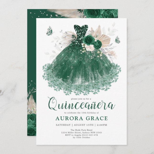 Emerald Silver Blume Quinceañera Mis Quince Anos Einladung (Vorne/Hinten)
