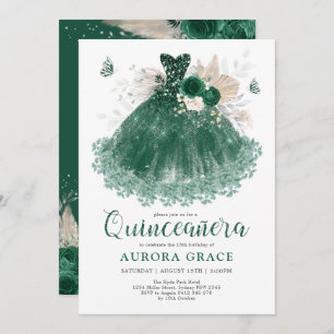 Emerald Silver Blume Quinceañera Mis Quince Anos Einladung