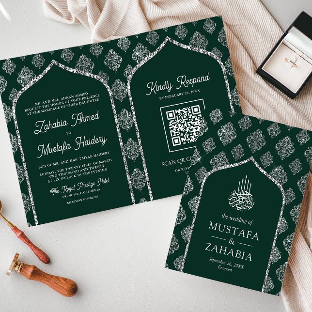 Emerald Silver Damask Arch QR Code Muslime Hochzei Einladung (Von Creator hochgeladen)