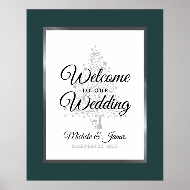 Emerald Silver Winter Holiday Wedding Willkommen Poster (Vorne)