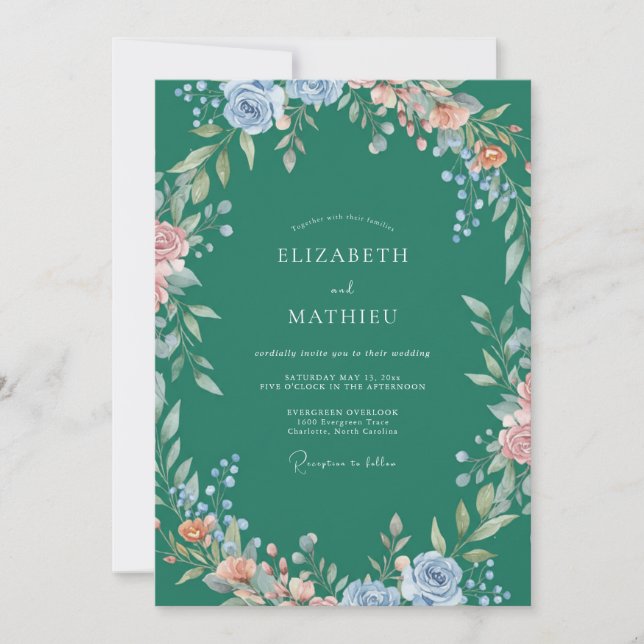Emerald-Sky-Pfingstrosen-Hochzeit Einladung (Vorderseite)