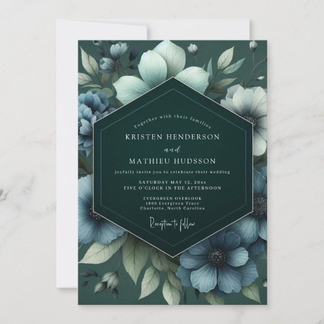 Emerald Slate Bloom Wedding Einladung (Vorderseite)