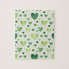 Emerald Sparkle | Green & Gold Watercolor Hearts Puzzle