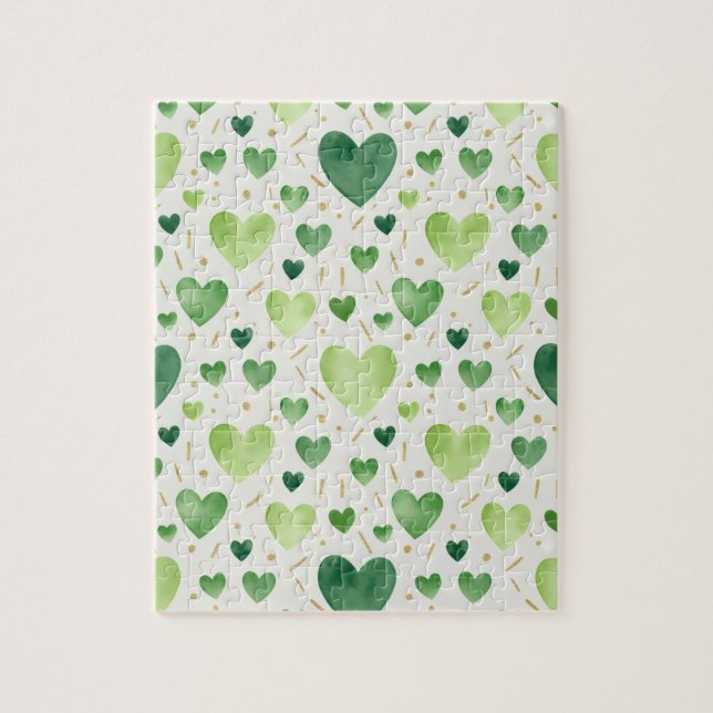Emerald Sparkle | Green & Gold Watercolor Hearts Puzzle (Vertikal)