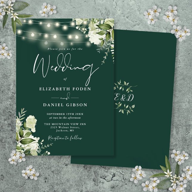 Emerald String Lights Floral Monogram Wedding Einladung (Emerald String Lights Floral Monogram Wedding Invitation)