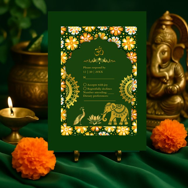 Emerald Traditional Marigold Hindu Wedding RSVP Karte (Von Creator hochgeladen)