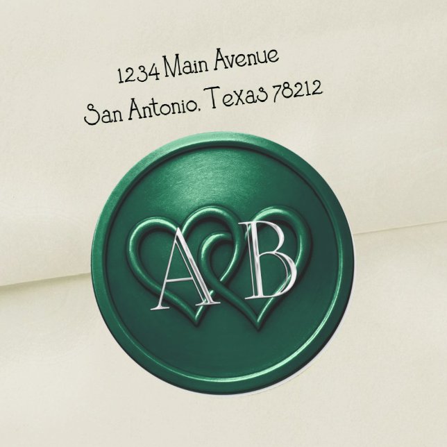Emerald Two Hearts Silver Monogram Wedding Runder Aufkleber (Von Creator hochgeladen)