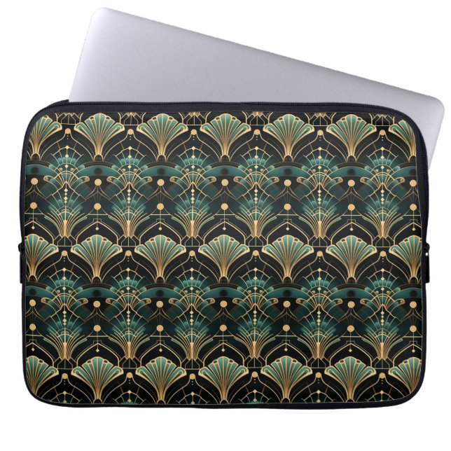 Emerald und Gold Art Deco inspiriert Lüfter Laptopschutzhülle (Vorderseite)