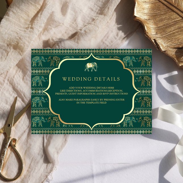 Emerald und Gold Elephant Indian Wedding Details Begleitkarte (Von Creator hochgeladen)