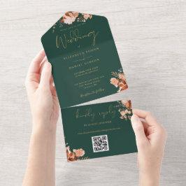 Emerald und Gold Floral QR Code Hochzeit im Herbst All In One Einladung