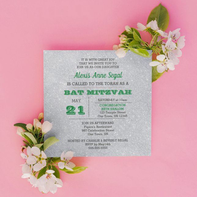 Emerald und Silver Glitzer Glam Bat Mitzvah Einladung (Von Creator hochgeladen)